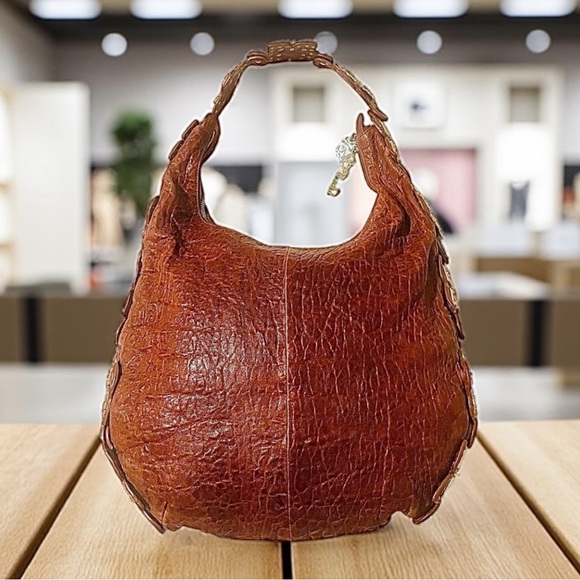 charm and luck Handbags - Charm & Luck Brown Textured Leather Embellished Silver & Rhinestone Hobo Bag